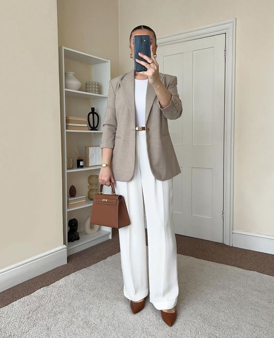 beige blazer with white Aritzia Effortless Pant